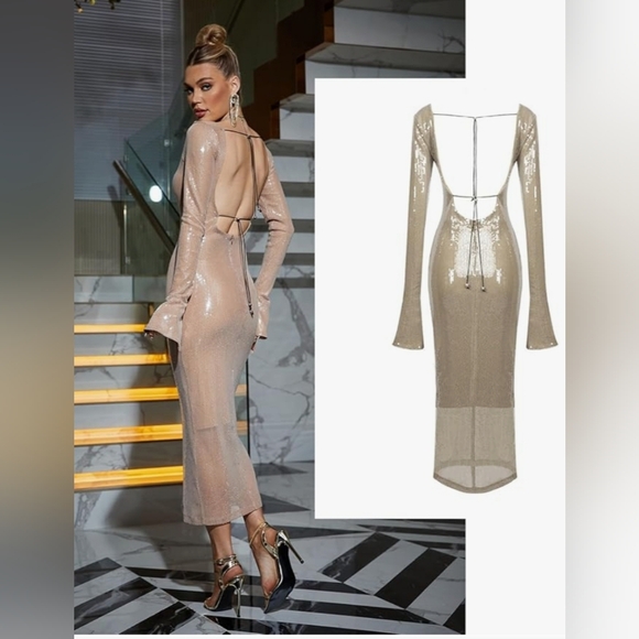 Deep V Long Sleeve Sequins  Dress With Drawstrings - Picture 2 of 12